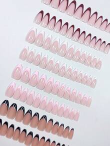 Y2K 96pcs Almond-Shaped Short French Minimalist Style Fake Nails In White, Black, Pink, Red, Suitable For Any Occasion - Multicolor - View 3