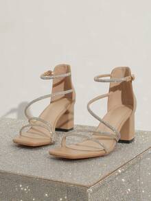 Sandalias elegantes y glamorosas con tacón grueso de punta cuadrada y decoradas con rhinestones, adecuadas para banquetes y fiestas, de moda y versátiles - Caqui - Ver 6