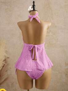 2026 Bellisia Vestido elegante de mujer con estampado de lunares, tela texturizada, camisola relajada para vacaciones, bikini amarillo tipo tankini para playa.Conjunto de playa de mujer para verano 2026, temporada de graduación, boda, regreso a clases, Pascua.Camisola de verano casual y linda, con textura de punto, detalles de volantes, en estilo dulce, romántico y campestre. - Rosa - Ver 3