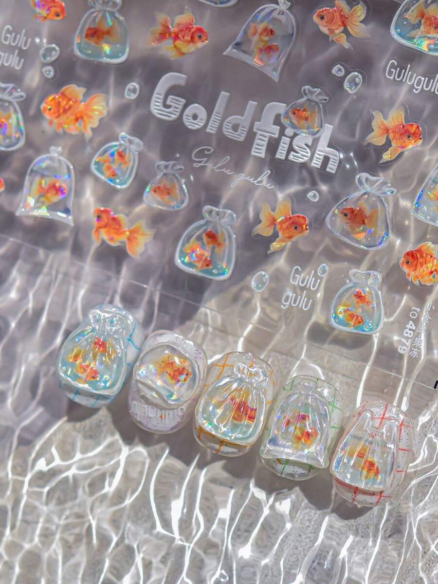 1片海洋金鱼美甲装饰贴纸 3D果冻海星泡泡自粘指甲滑块 DIY美甲设计贴花 - 彩色 - 查看 1