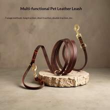 7-In-1 Genuine Leather Dog Leash With Dual Copper Hooks, Versatile Lengths And Dual Dog Walking Options - Brown - View 1