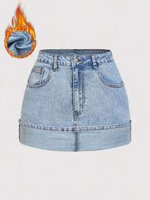 Minifalda de mezclilla casual de mujer con bloqueo de color lavado y parches - Lavado ligero - Ver 5