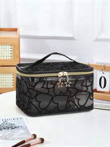 1pc Minimalist INS Sweet & Cool Black Heart Print Mesh Cosmetic Bag, Large Capacity Transparent Toiletry Bag, Travel Organizer Pouch With Star Zipper - Black - View 7
