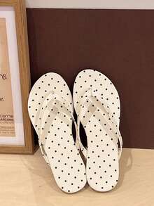 Women's Flip Flops, Non-Slip Soft Bottom Polka Dot Print Solid Color Open Toe Thong Sandals, European And American Resort Style, Suitable For Summer Beach, Walking, Commuting, Daily Wear, White Base With Black Dots - Black - View 4