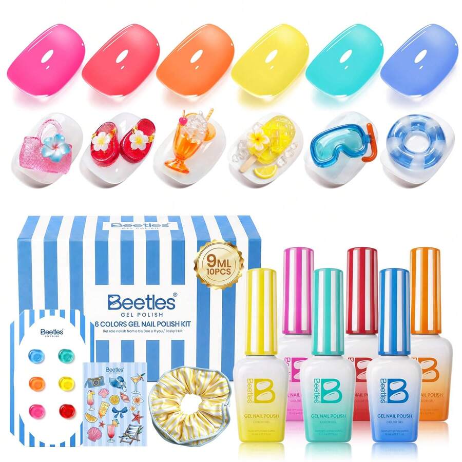 Beetles Neon Gel Nail Polish Set - 9ML 6 Colors Summer Sunstripe Jelly Gel Nail Polish Kit Sheer Translucent Effect With Sticker Nail Accessories Soak Off UV Salon DIY At Home Manicure Gift For Women - 9ML 6 Colors Summer Sunstripe Jelly - 查看 1