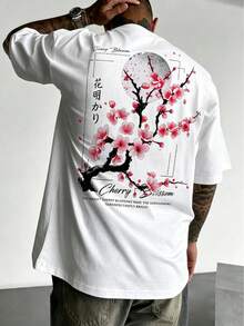 Cherry Blossom Moon T Shirt Japanese Graphic Tee Black 100% Pure Cotton Oversized Drop Shoulder Short Sleeve Summer Casual Streetwear Unisex Men - 白色 - 查看 1