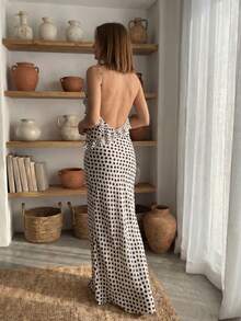 Women's Polka Dot Maxi Slip Dress, Elegant Ruffle Hem Spaghetti Strap Dress For Party, Wedding, Date Night, Spring/Summer White - White - View 3
