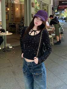 Women's Solid Color Round Neck Long Sleeve Fitted Rhinestone Tie Casual T-Shirt, Spring/Autumn Black - Black - View 2