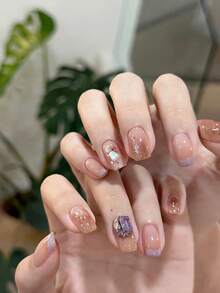 24pcs Square/Nude Tea Ombre Purple Rhinestone Elegant Nail Stickers, Filled With Fresh And Pure Atmosphere, Understated Luxury - Multicolor - View 2