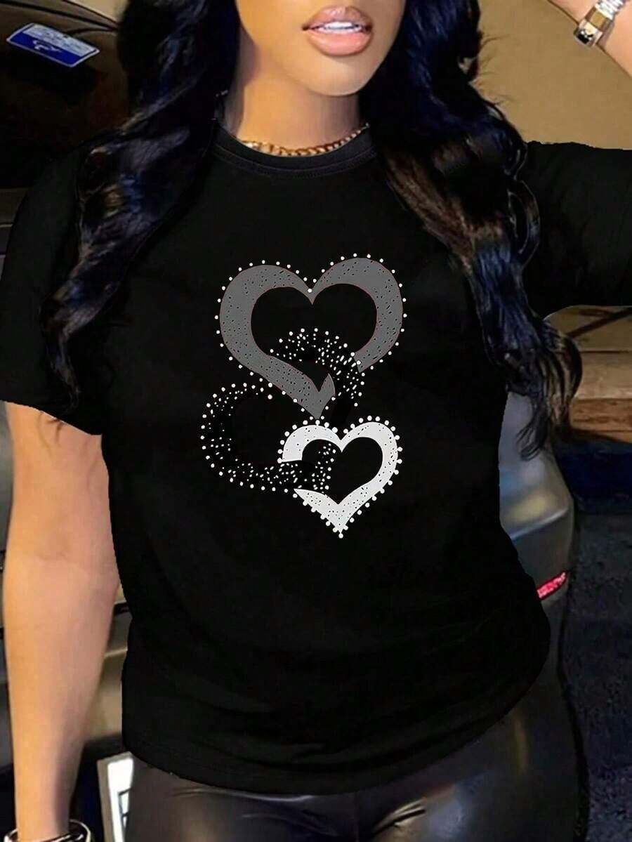 Camiseta de manga corta de seda de leche con estampado en forma de corazón para mujer, camiseta gráfica, top de verano, vacaciones, viajes, playa, ropa de resort minimalista, color negro - Negro - Ver 1
