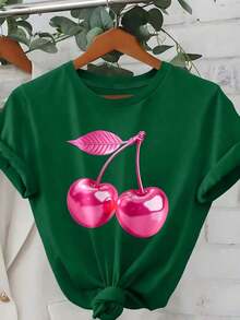 Camiseta de manga corta con estampado de corazón lindo para mujer, ideal para vacaciones, primavera y ropa de resort - Verde - Ver 6