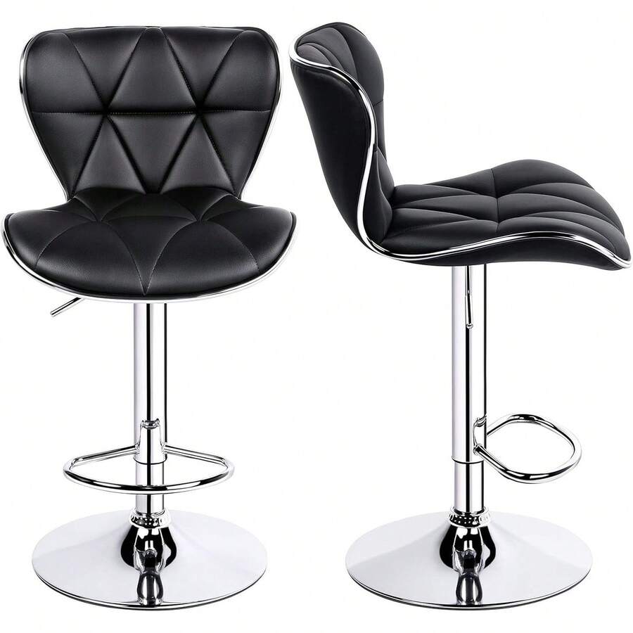 2pcs Home Kitchen Bar Stools Fashionable Height Adjustable PU Leather Swivel Bar Chair With Shell Back, White - 黑色 - 查看 1
