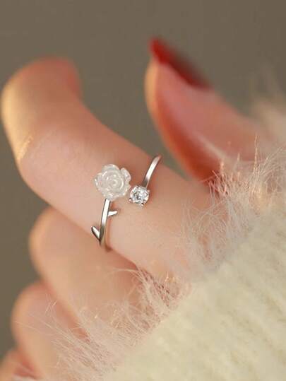 1pc Floral Design Adjustable Open Ring, Fashionable Daily Wear For Women