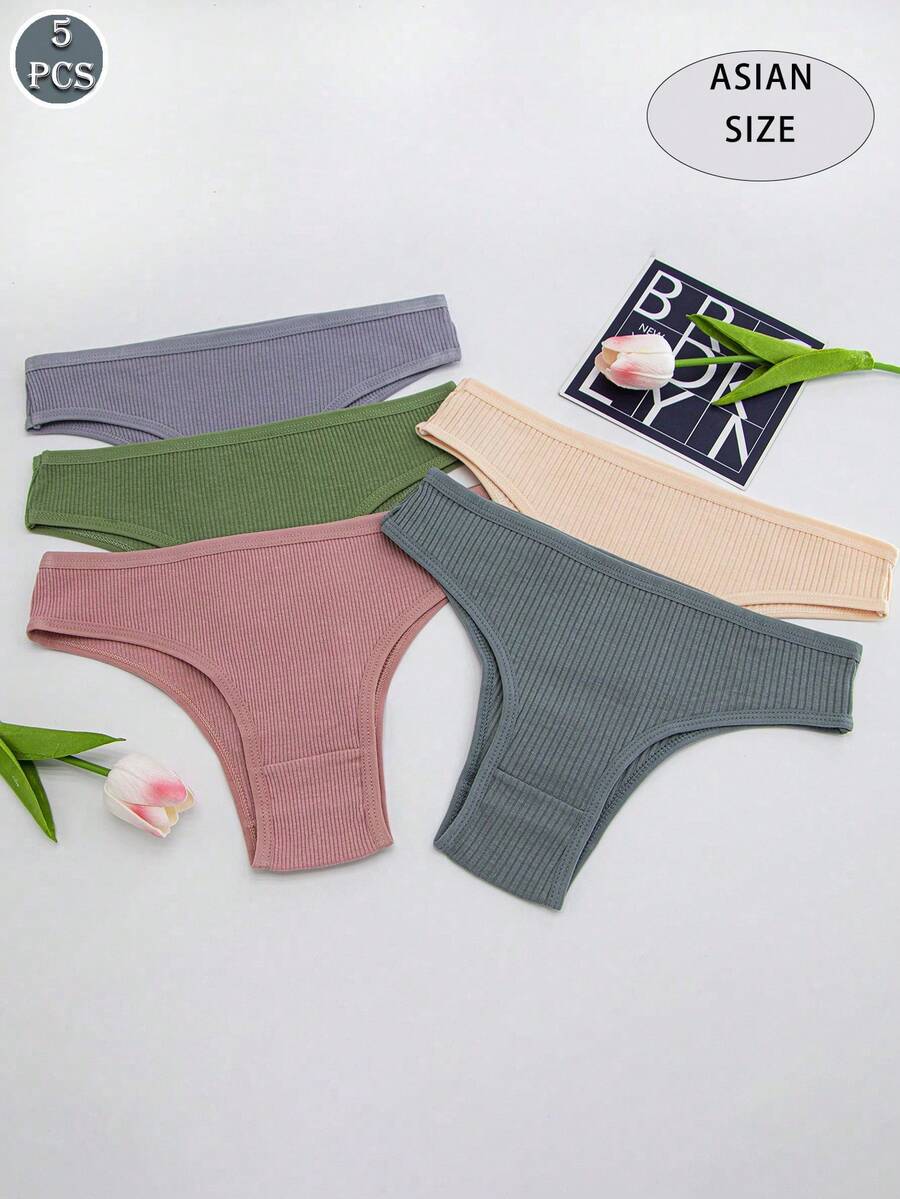 Set de 5 bragas de mujer de unicolor, con costillas, cintura media, transpirables y sexy en forma de T - Multicolor - Ver 1
