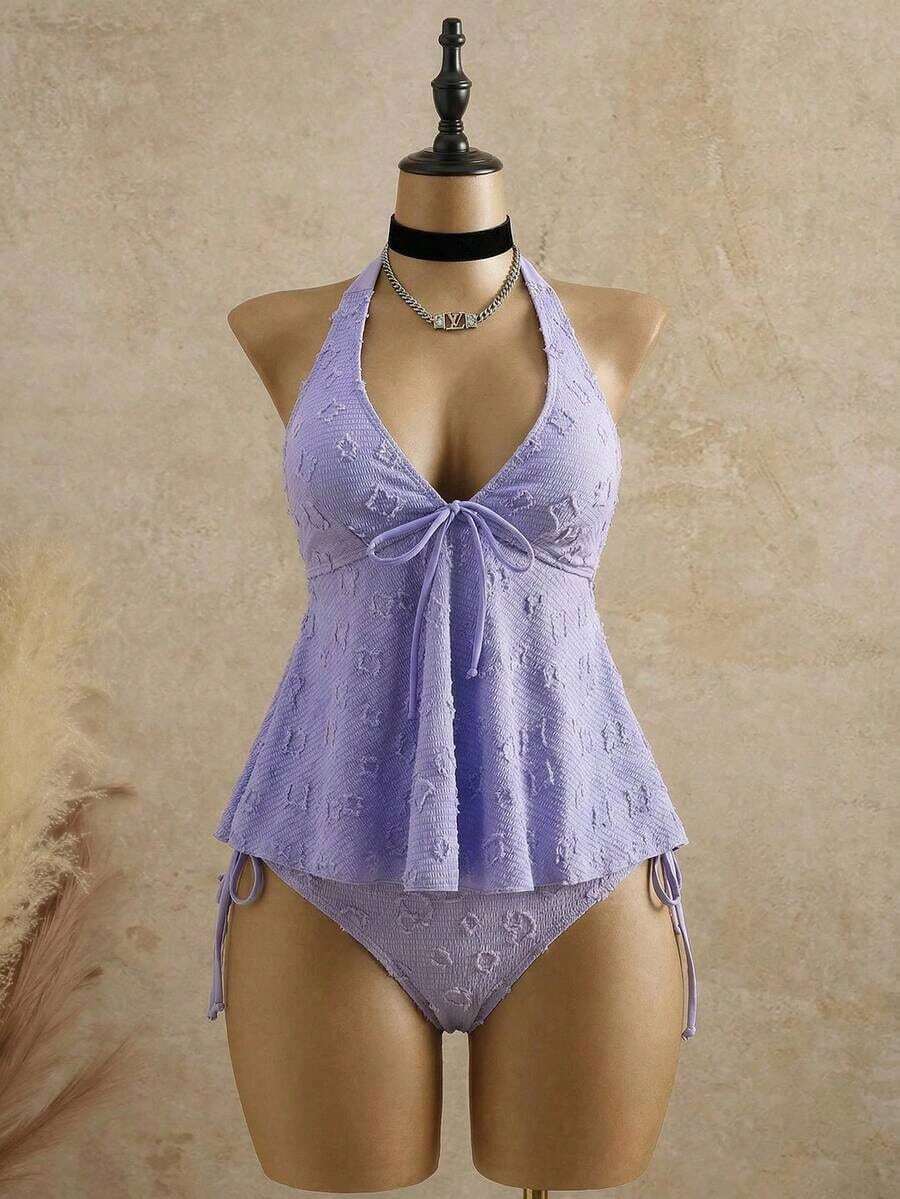 Bellisia Vestido elegante de mujer con estampado de lunares, tela texturizada, camisola relajada para vacaciones, bikini amarillo tipo tankini para playa.Conjunto de playa de mujer para verano 2026, temporada de graduación, boda, regreso a clases, Pascua.Camisola de verano casual y linda, con textura de punto, detalles de volantes, en estilo dulce, romántico y campestre. - Morado - Ver 1