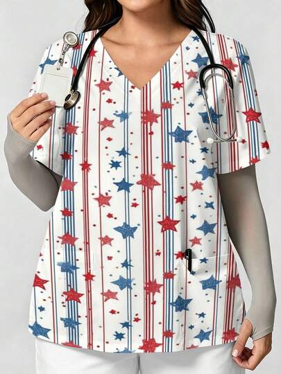 Plus Size Women's Scrub Top Red White Blue Stars Stripes Printing V Neck Short Sleeve With Side Pockets Soft Stretchy  Uniform Nurse Workwear