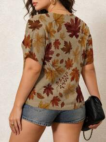 ASHKATIA Áo dệt kim cỡ lớn dành cho nữ, in hình lá phong, phong cách Bohemian, tay ngắn, thích hợp cho Ngày của Mẹ, kỳ nghỉ hè ở bãi biển. - Nhiều màu - Xem 2