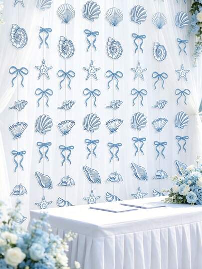 9pcs Blue Bow Knot, Starfish, Shell Decorative Wreath, Paper Ocean Coastal Style Hanging Decor, Suitable For Ocean Theme Beach Wedding, Mermaid Birthday Party, Summer Beach Party, Marine Activities, Shell Decor, Coastal Wreath, Bow Decor, Party Banner, Summer Event