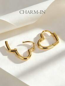Charm-In Pendientes de aro con forma de corazón hueco chapados en oro para mujer - Joyería linda para uso diario casual, citas y regalo del Día de San Valentín - Dorado - Ver 1