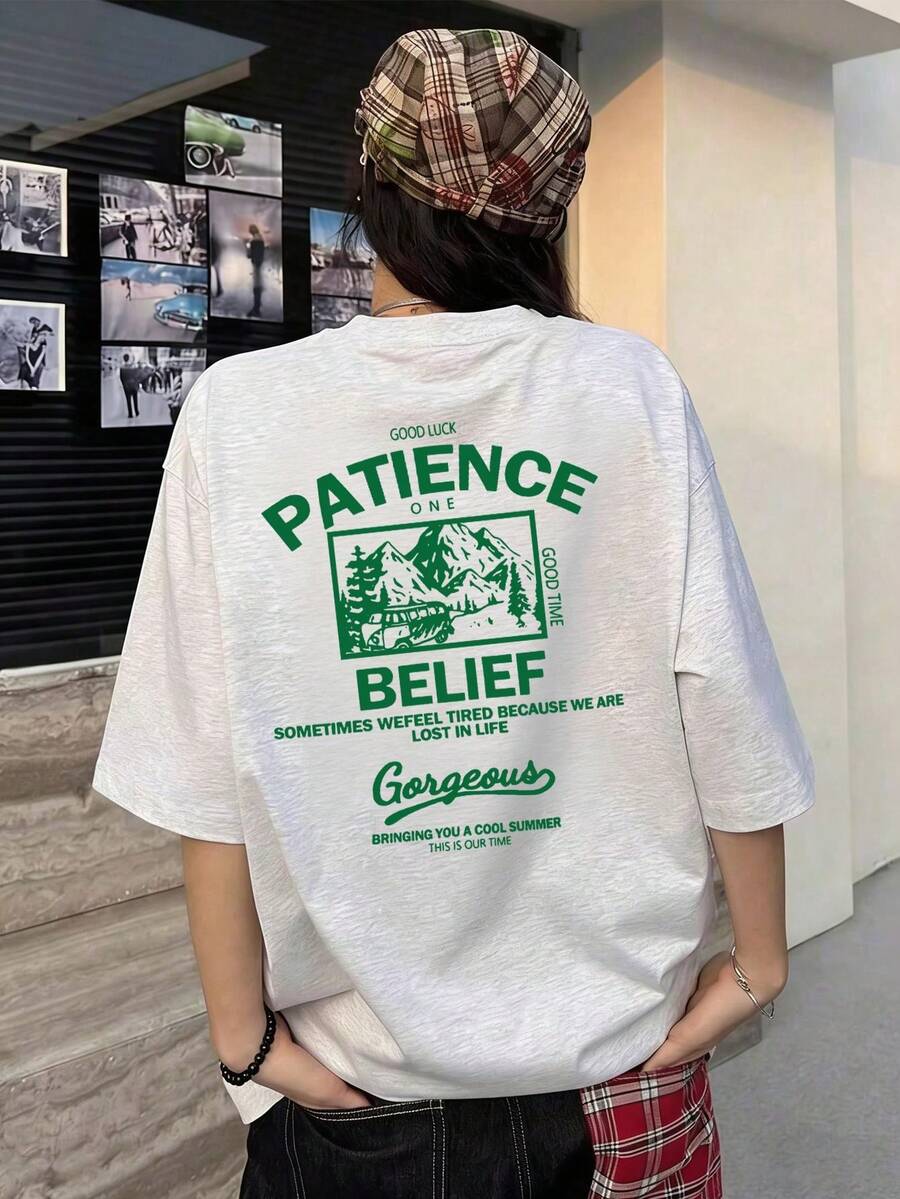 女士时尚休闲纯棉圆领宽松字母标语印花短袖T恤，春夏款 - 淺花灰 - 查看 1
