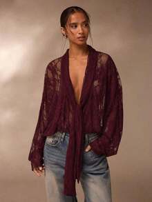 Blusa casual de mujer en color burdeos, semi-transparente, con manga kimono y cuello de chal. - Burdeos - Ver 1