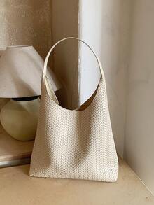 1pc Solid Color PU Fabric Woven Embossed Pattern Simple Casual Women Shoulder Bag, Suitable For Commuting And Shopping - A - View 4