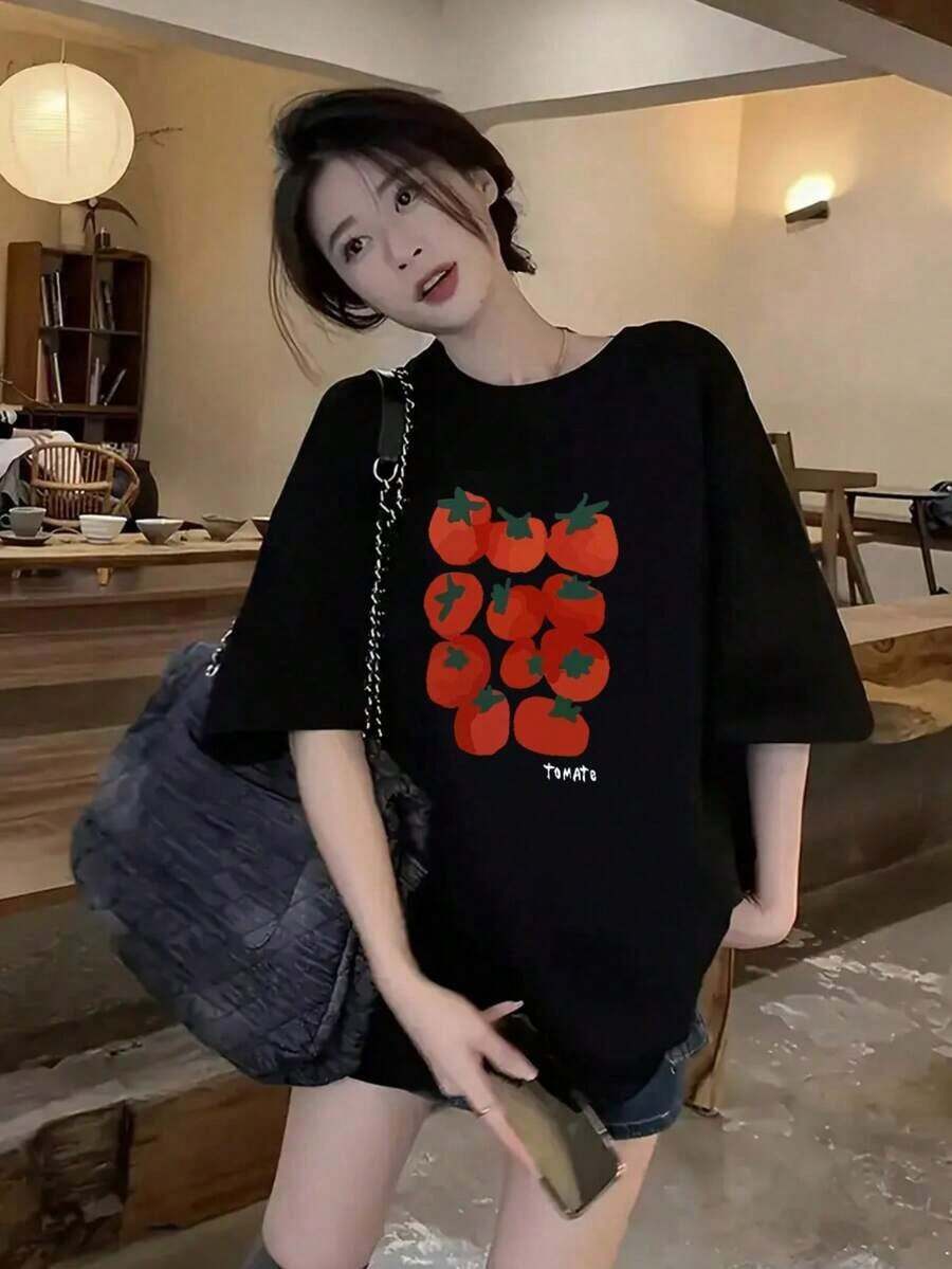 Nueva Camiseta de Manga Corta con Cuello Redondo para Mujer, Estilo Japonés, Holgada, Casual, con Estampado de Tomate y Frutas de Dibujos Animados, Primavera/Verano, Blanca, Estilo Urbano Vintage, Unisex, de Algodón, Holgada, con Cuello Redondo. - Negro - Ver 1