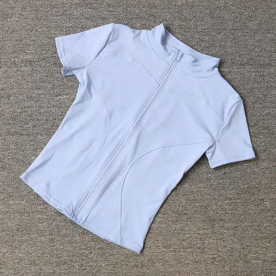 Tops de entrenamiento adelgazantes de cintura de alta calidad para mujer, camisas de Yoga de manga corta con cuello levantado ajustado de secado rápido y cremallera completa, verano - Azul - Ver 1