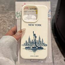 1pc White Matte Minimalist Lens Protection New York Skyline Statue Of Liberty Pattern Fresh Phone Case Personalized Suitable For IPhone 16 Pro Max/17/16/15/14 Plus/13/12/11 Protective Case Air Suitable For Samsung Series - Multicolor - View 2