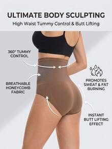 FLARIXA 1pc Women Seamless High Waist Shaping Panty, Sports Shapewear Lift Buttocks Waist Abdomen Control Support No-Roll Edge Slimming Bodysuit - Brown - View 9