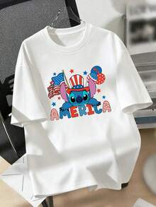Men's Disney Lilo & Stitch Patriotic America 4th Of July Graphic Crew Neck T-Shirt, Casual Short Sleeve Tee, USA Flag & Stars Print, Loose Fit Daily Wear Basic Top For Men - trắng - Xem 3
