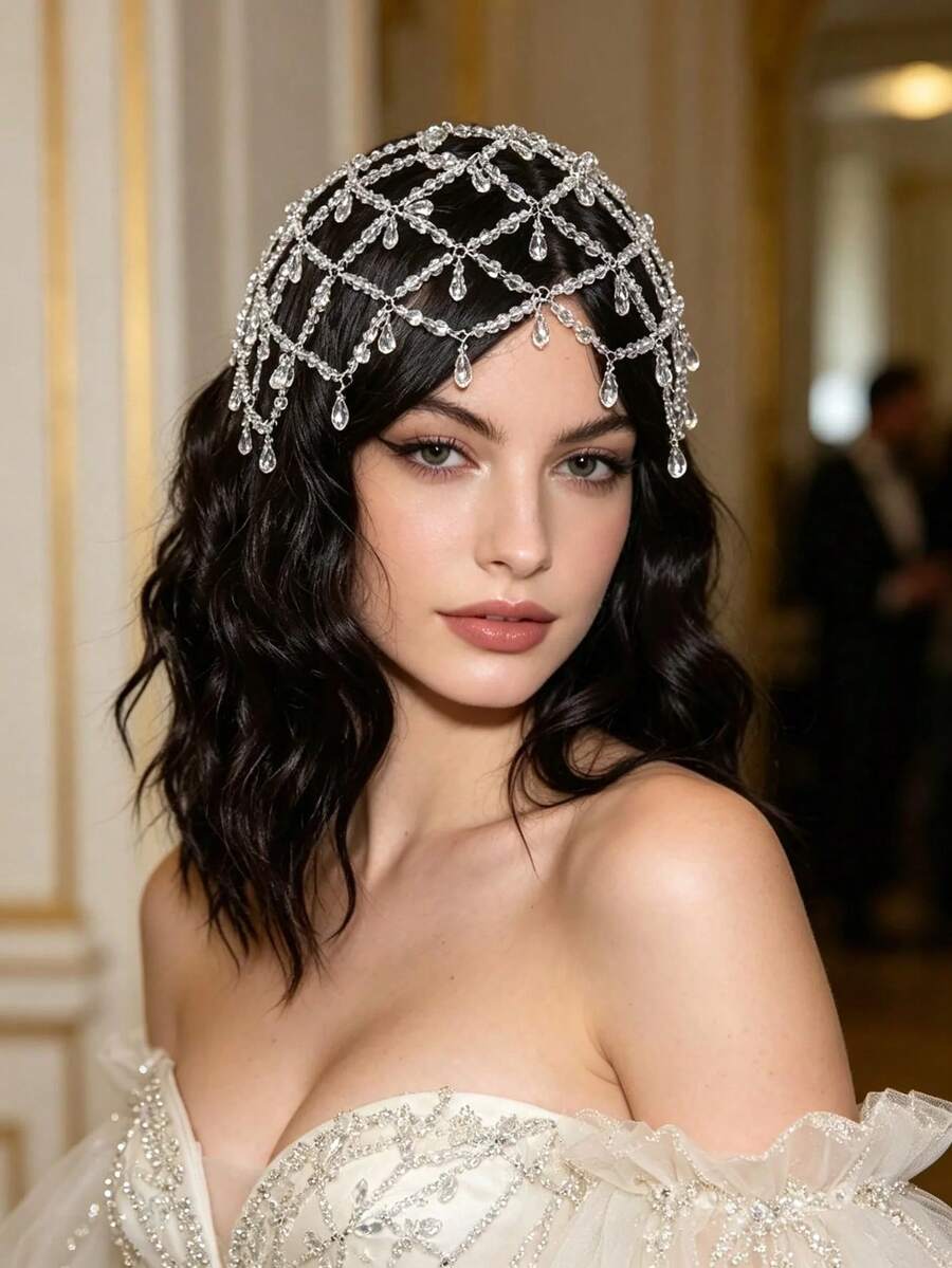 Tocado nupcial de cristal en forma de lágrima con malla brillante, elegante cadena de cabeza con rhinestones para bodas, concursos de belleza y eventos formales - Plateado - Ver 1