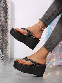 Women's Rhinestone Decor Wedge Flip Flops, Open Toe Y2K Style Casual Beach Holiday, Black & Gold Shiny Woven Wedge Slippers, Suitable For Daily, Party, Club Wear - Black - View 5