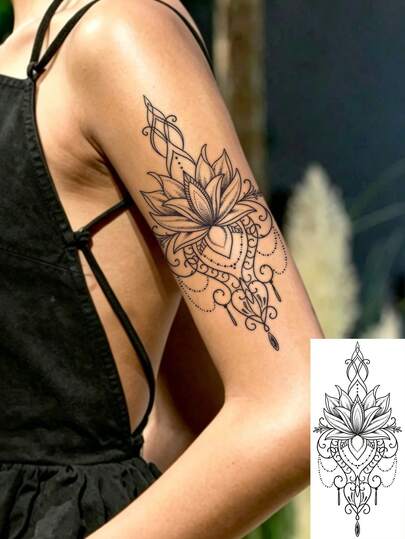 1pc Mandala Lotus Line Drawing Temporary Tattoo, Waterproof & Long-Lasting, Arm/Shoulder Decor, Niche Design