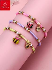 Bộ 3 vòng tay trẻ em dễ thương phong cách Boho thường ngày, thích hợp làm quà tặng hoặc quà dịp lễ, đính cườm và mặt dây chuyền hình ong bằng ngọc trai giả, thích hợp đeo hàng ngày, làm quà tặng hoặc quà lễ hội. - Nhiều màu - Xem 1