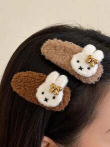 Kẹp tóc hình thỏ nhỏ Miffy 2026 mới cho mùa thu đông, kiểu BB, kẹp cài bên hông, kẹp tóc mái hoạt hình dễ thương, kiểu Nhật Kawaii, đế lông cừu nâu với đầu Miffy trắng và nơ vàng. - Nhiều màu - Xem 3