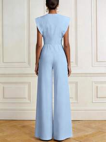 Bộ jumpsuit vải dệt màu trơn, thanh lịch, tối giản, cài cúc phía trước, khóa kéo và có túi, thích hợp mặc công sở mùa xuân/hè. - màu xanh nhạt - Xem 3