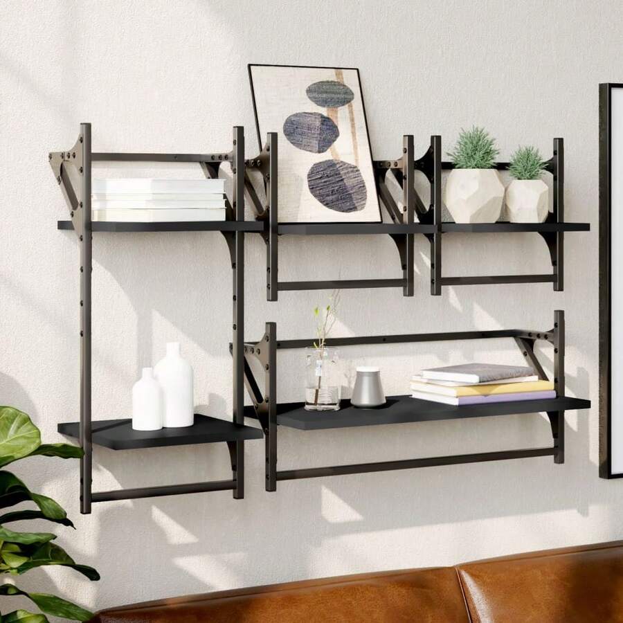 vidaXL 4-tlg. Wandregal-Set mit Stangen Schwarz Holzwerkstoff - Schwarz - Übersicht 1