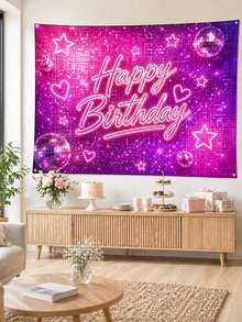 粉色迪斯可生日背景布，Happy Birthday 霓虹風亮片圖案聚酯纖維派對攝影背景牆，適合成人生日、室內/室外慶祝與拍照區裝飾，多種尺寸可選 - 紫色 - 查看 10