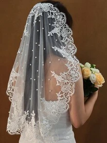 1件花卉印花休闲涤纶新娘头纱，蕾丝贴花可爱浪漫优雅婚礼配饰，饰以珍珠，适合婚礼、派对、节日、生日等场合。 - 彩色 - 查看 3