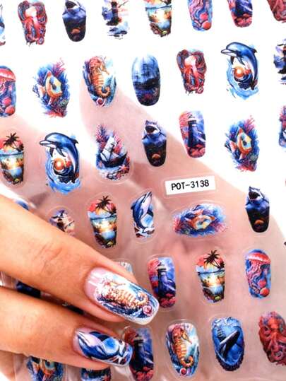 1pc Embossed Ocean Elements Nail Stickers, Cute Dolphin, Shark, Jellyfish, Seahorse, Sunset Beach Nail Decals, Cartoon Theme, Shiny Surface, Disposable DIY Nail Salon Supplies For Women