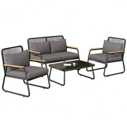 Garden Lounge Set, Sofa And Table For 4 People With Galvanized Iron Frame, Tempered Glass Tabletop, Adjustable Legs, Includes All Seat And Back Cushions, Black Color.