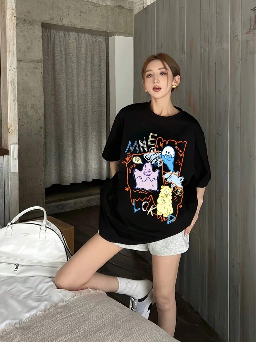 Una camiseta de manga corta divertida con letras impresas, de estilo americano, 100% pura, de corte holgado, nueva para primavera y verano, en color negro. - Negro - Ver 1