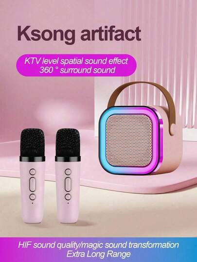 双麦克风迷你便携式蓝牙音箱，内置麦克风，适合家庭KTV，无线蓝牙户外便携式音箱，多种灯光效果，可用于听歌和唱歌，800mAh大容量电池