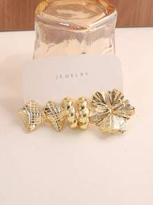 18/6pcs Fashion Earring Set, Exaggerated Elegant Long Earrings With Left And Right Flower Designs, Multi-Style Earring Set Suitable For Daily And Festival Wear, Made Of ABS Resin With UV Plated Non-Fading Gold - Gold - View 5