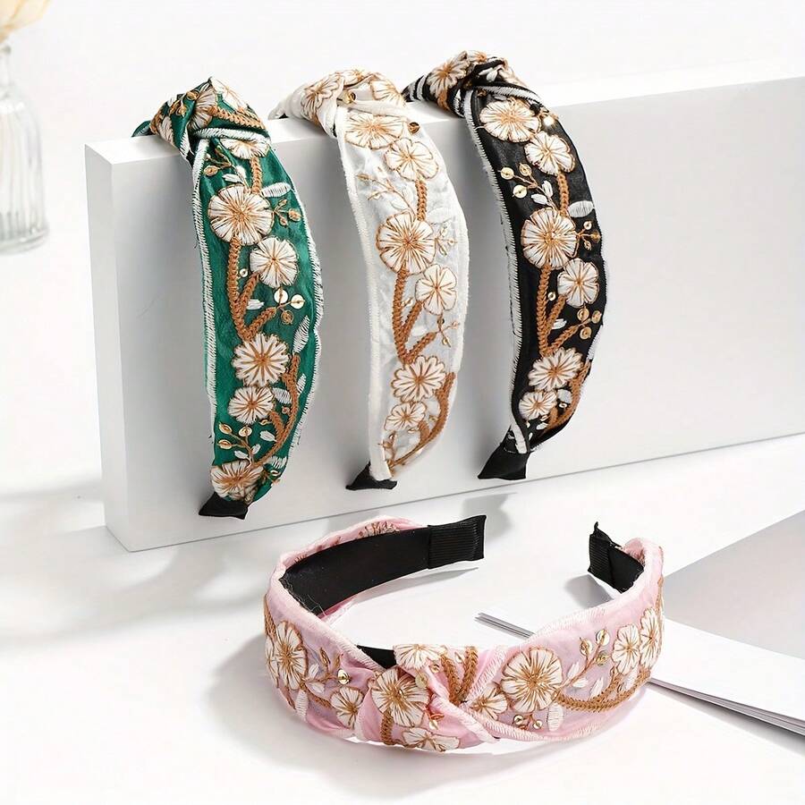 Adult Fabric Knotted Headband With Embroidery And Wide Edges, 1 Piece - màu đen - Xem 1
