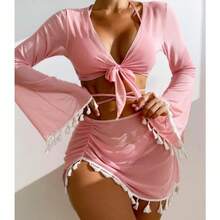 New Conservative Four-Piece Set: Solid Color Fringed Cover-Up, Mesh Short Skirt, Bikini Swimsuit For Women - Pink - View 3