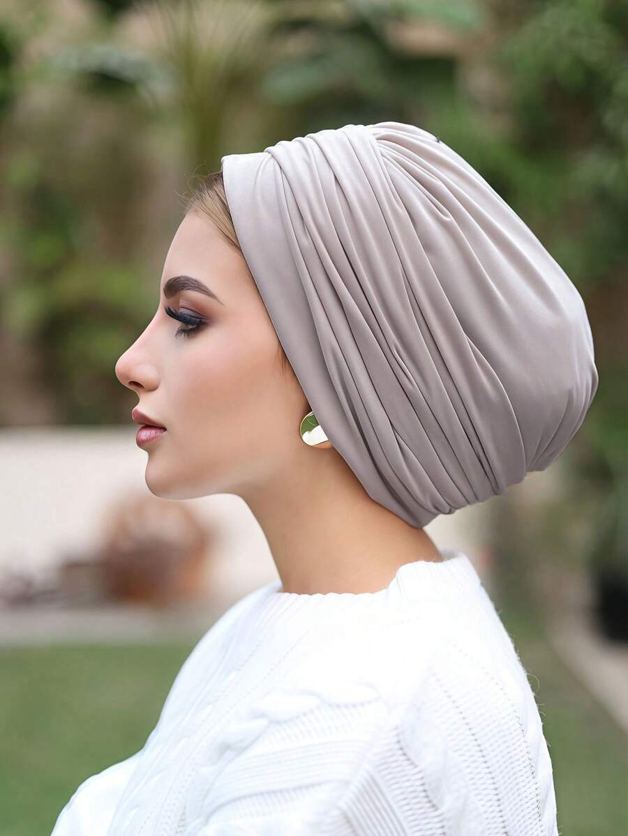 1pc Women's Pleated Underscarf, Multi-Layer Turban Headwrap, Elastic Caps, Breathable Comfortable Stretchy Absorbent Non-Slip Multifunctional Sports Headband, Suitable For Daily Wear, Sports, Yoga, Fitness And Fashion Outfits - Gray Beige - View 1