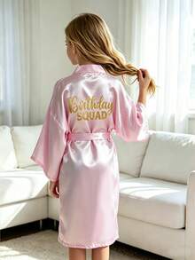 Tween Girl Pink "Birthday Squad" Printed Loose Waist Tie Robe - Multicolor - View 2