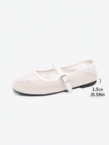 New Women's Mesh Mary Jane Flat Shoes, Breathable Hollow Out, Versatile Square Toe Casual Comfortable Buckle Strap Low Vamp Solid Color Daily Wear, Plus Size - White - View 8